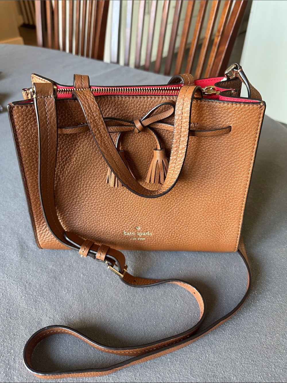 kate spade Tan Pebbled Leather Crossbody with Tassel Bow